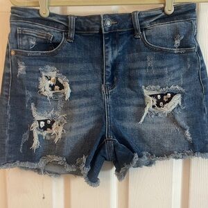 Judy Blue Sunflower Patch Distressed Blue Jean Shorts with Frayed Hem